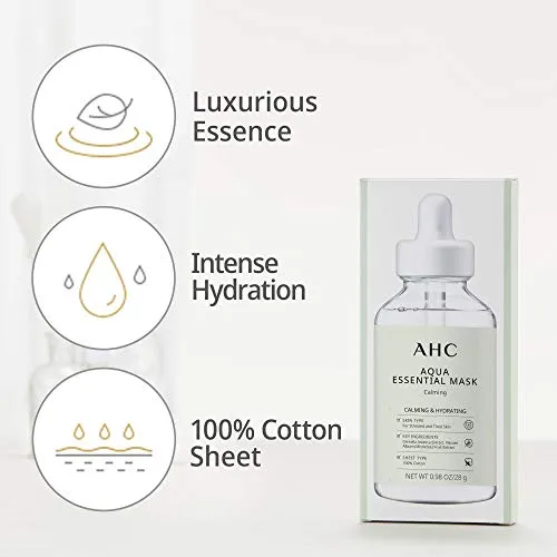 AHC Face Mask Aqua Essentials Hydrating and Claming For Stressed and Tired Skin Calming 100% Cotton Sheet 5 Count(Pack of 1)