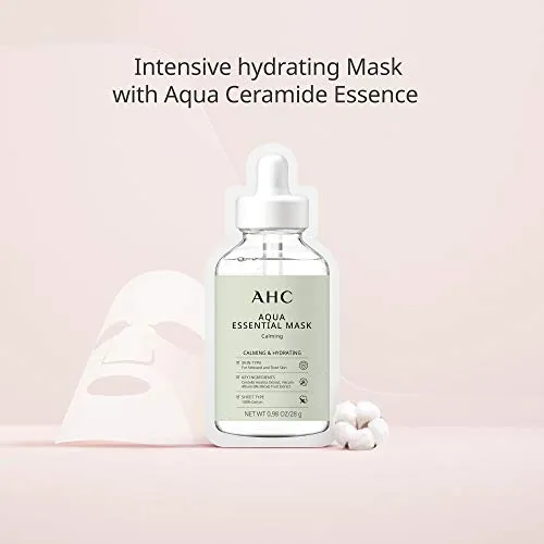 AHC Face Mask Aqua Essentials Hydrating and Claming For Stressed and Tired Skin Calming 100% Cotton Sheet 5 Count(Pack of 1)