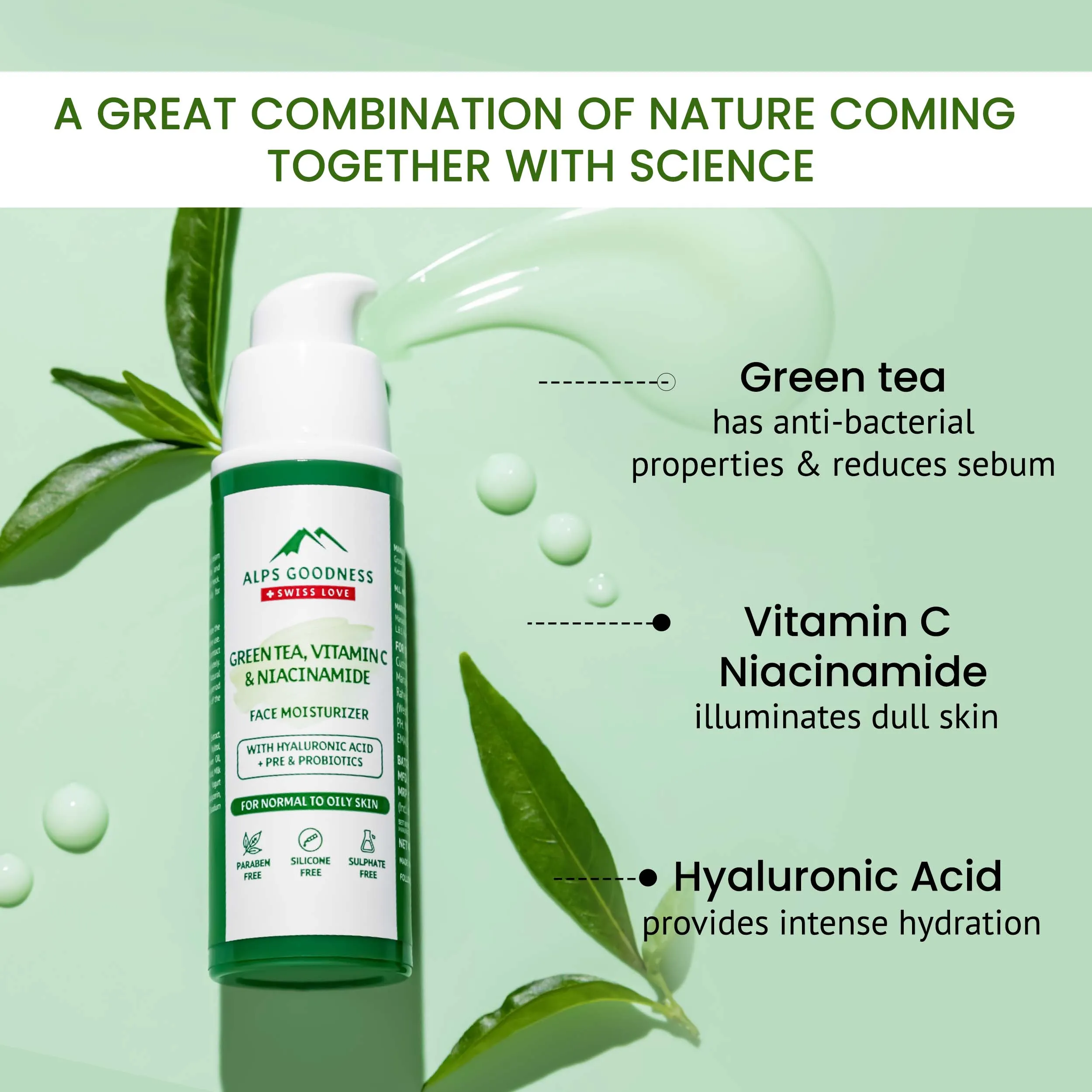 Alps Goodness Green Tea, Vitamin C & Niacinamide Face Moisturizer for Normal to Oily Skin (with Hyaluronic Acid   Pre & Probiotics) (30 gm) | Vitamin C Face Cream| Green Tea Face Cream| Daily Face Moisturizer