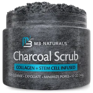 Exfoliating Charcoal Scrub with Collagen & Stem Cells  Salt Scrub for Body Toning, Cellulite, Armpit Detox, and Skin Smoothing for Face, Feet, and Body by M3 Naturals.