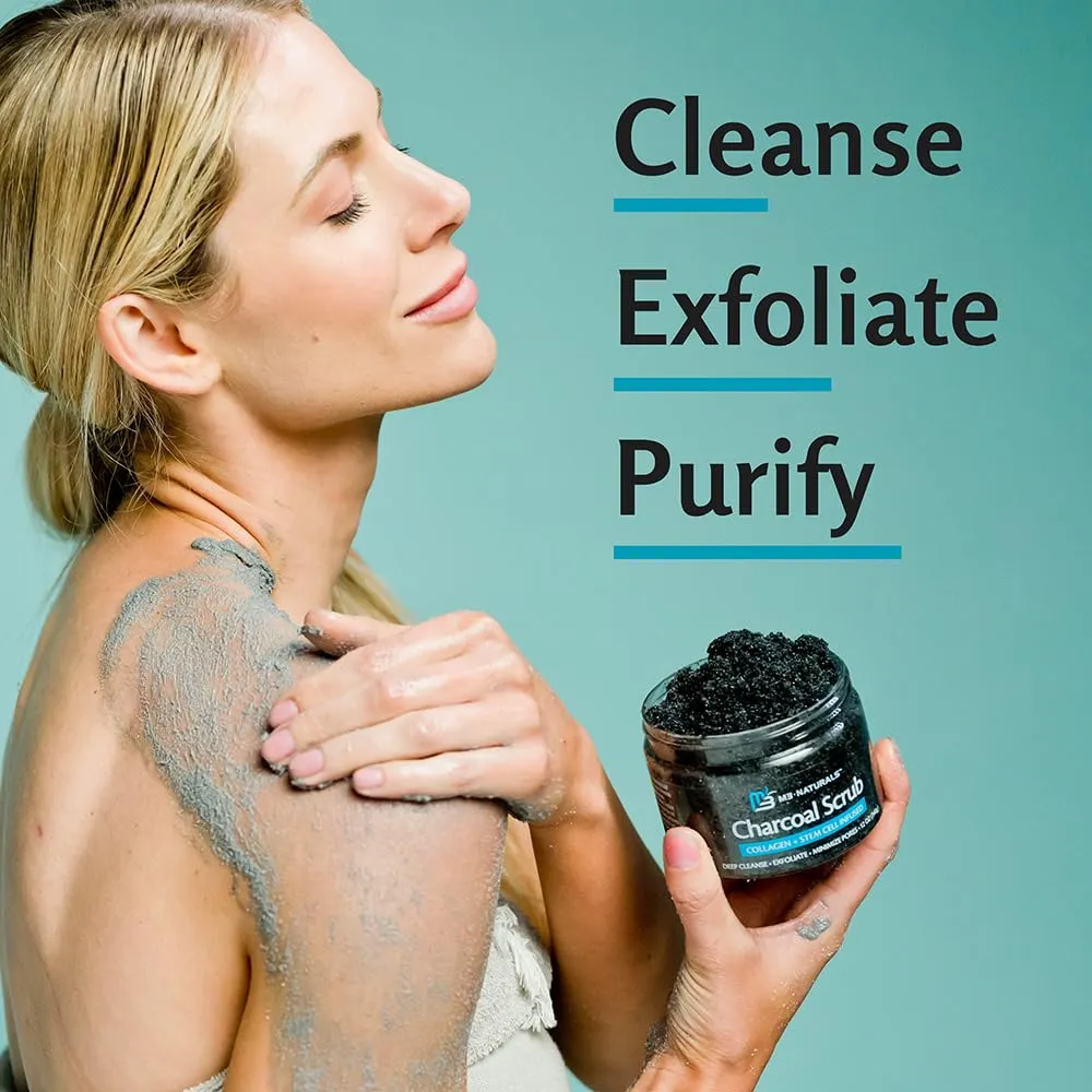 Exfoliating Charcoal Scrub with Collagen & Stem Cells  Salt Scrub for Body Toning, Cellulite, Armpit Detox, and Skin Smoothing for Face, Feet, and Body by M3 Naturals.