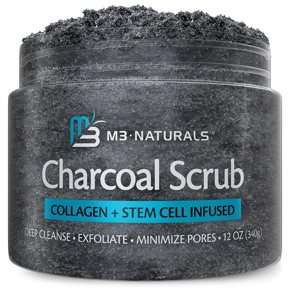 Exfoliating Charcoal Scrub with Collagen & Stem Cells  Salt Scrub for Body Toning, Cellulite, Armpit Detox, and Skin Smoothing for Face, Feet, and Body by M3 Naturals.