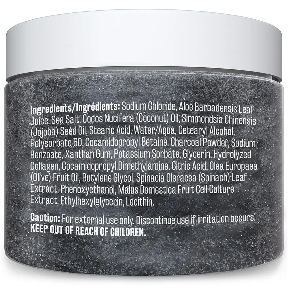 Exfoliating Charcoal Scrub with Collagen & Stem Cells  Salt Scrub for Body Toning, Cellulite, Armpit Detox, and Skin Smoothing for Face, Feet, and Body by M3 Naturals.