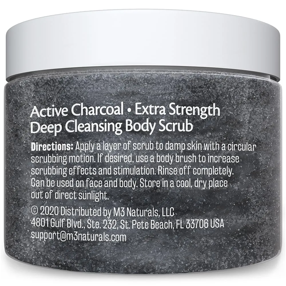 Exfoliating Charcoal Scrub with Collagen & Stem Cells  Salt Scrub for Body Toning, Cellulite, Armpit Detox, and Skin Smoothing for Face, Feet, and Body by M3 Naturals.
