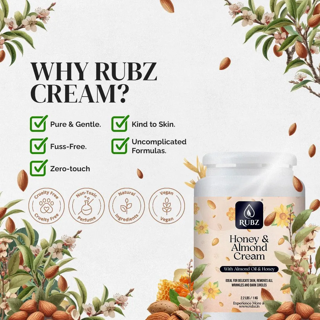 Rubz Honey & Almond Cream 5Kg with 200gm Refillable jar | Deep Moisturizing with Instant Hydration | Non-Greasy Cream with Vitamin E & Almond Oil | Best for Hotel, Spa, Salon, Family