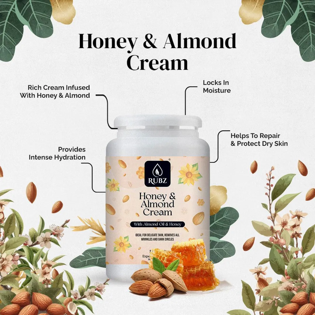 Rubz Honey & Almond Cream 5Kg with 200gm Refillable jar | Deep Moisturizing with Instant Hydration | Non-Greasy Cream with Vitamin E & Almond Oil | Best for Hotel, Spa, Salon, Family