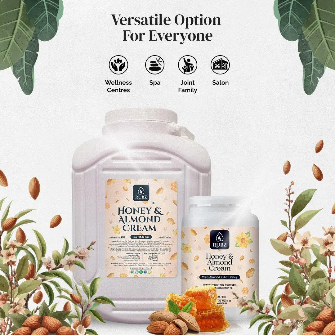 Rubz Honey & Almond Cream 5Kg with 200gm Refillable jar | Deep Moisturizing with Instant Hydration | Non-Greasy Cream with Vitamin E & Almond Oil | Best for Hotel, Spa, Salon, Family